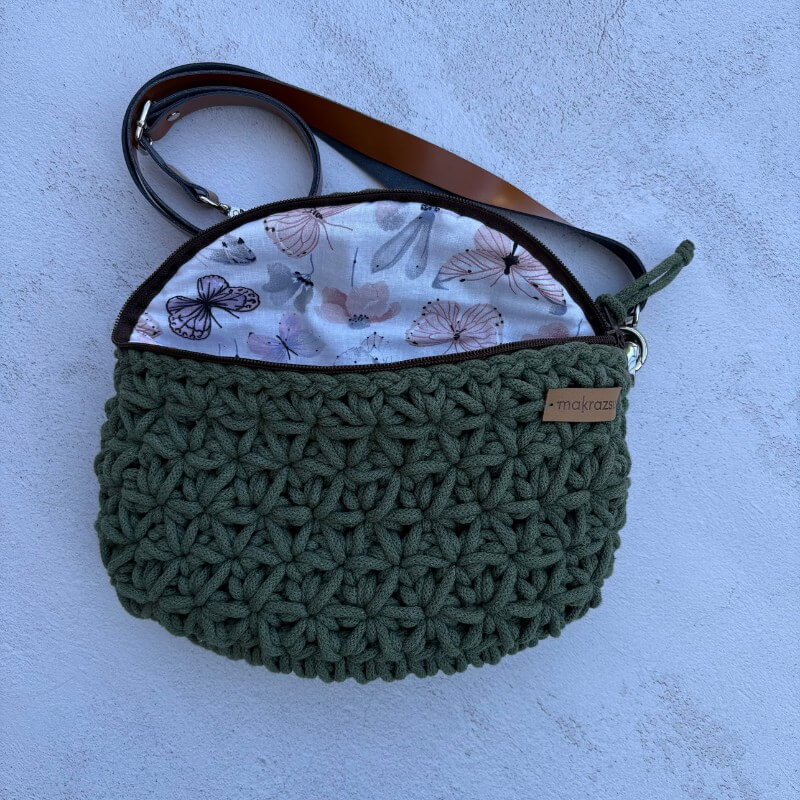 Jázmin mintás horgolt öv- oldaltáska bőrpánttal (olajfa) - Image 3